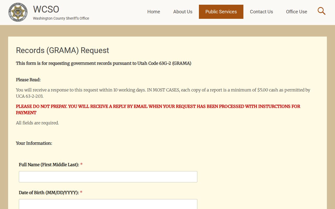 Washington County Sheriff GRAMA request route for booking records