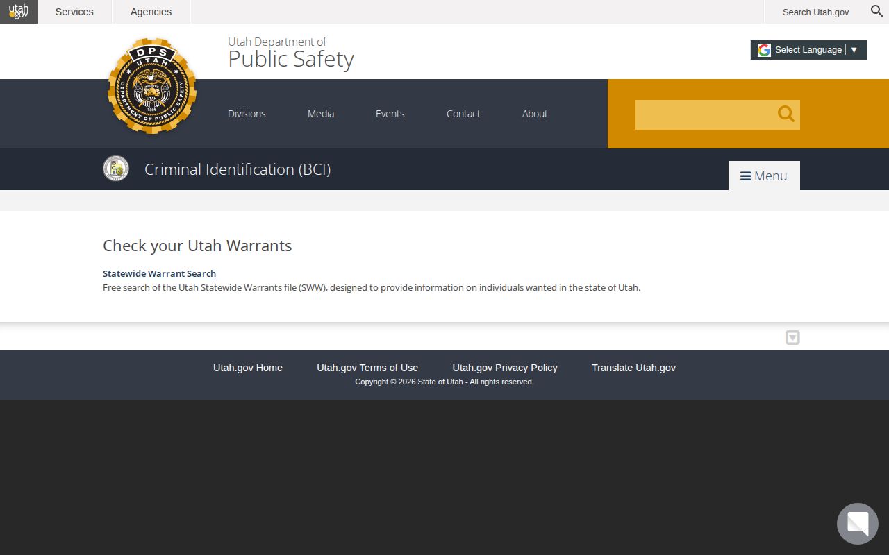 Washington County warrant-check route on the Utah BCI statewide search page